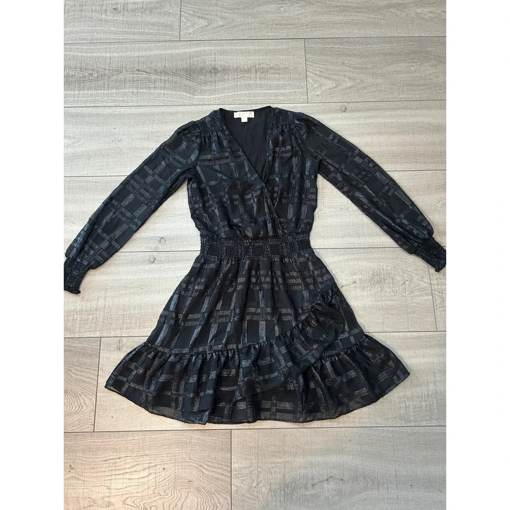 Michael Kors Black Silver Metallic Plaid Smocked Waist Ruffle Mini Dress S